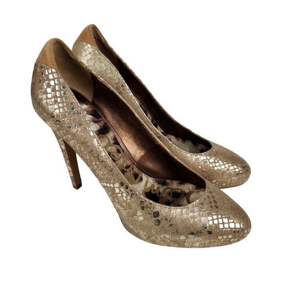 Sam Edelman Yasmine Metallic Gold Tan Snakeskin Platform Heels Women's Size 8.5 - Picture 1 of 11